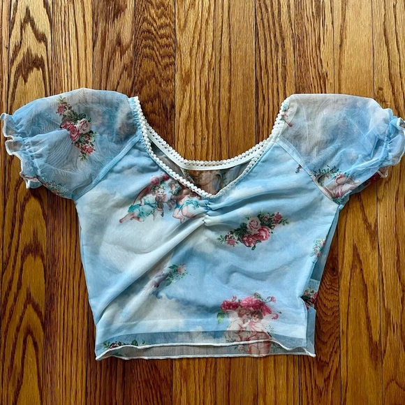 Tops - Blue Sheer Angel Print Women's Top